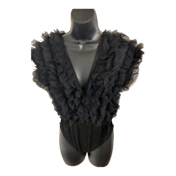 Ruffled Chiffon tulle plunge front black bodysuit size medium brand new - Picture 5 of 16